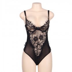 SUBBLIME QUEEN PLUS - DENTELLE FLORALE ET TEDDY NOIR À FRANGES