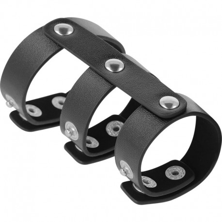 DARKNESS ADJUSTABLE LEATHER DOUBLE PENIS AND TESTICLES RING