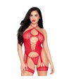 LEG AVENUE - 89338 BODY OUVERT EN DENTELLE AVEC PORTE-JARRETELLES + STRING ROUGE - TAILLE UNIQUE