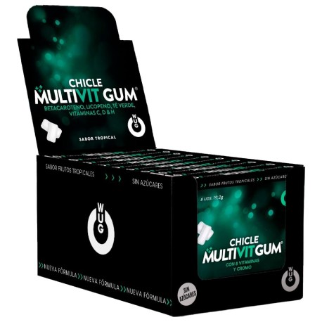 WUG GUM - MULTIVIT VITAMINES C, H, D, BÊTA-CAROTÈNE, LYCOPÈNE ET THÉ VERT PRÉSENTOIR 12 X 8 UNITÉS