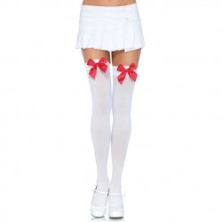 LEG AVENUE - CUISSES HAUTES EN NYLON AVEC NOEUD BLANC / ROUGE