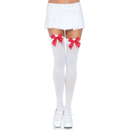 LEG AVENUE - CUISSES HAUTES EN NYLON AVEC NOEUD BLANC / ROUGE