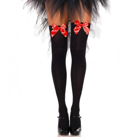 LEG AVENUE HAUTS DE CUISSE EN NYLON NOIR AVEC N?UD ROUGE TAILLE UNIQUE