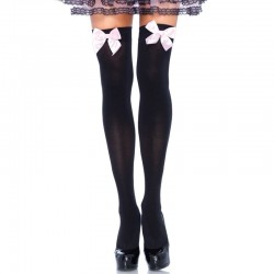 LEG AVENUE HAUTS DE CUISSE EN NYLON NOIR AVEC N?UD ROSE TAILLE UNIQUE